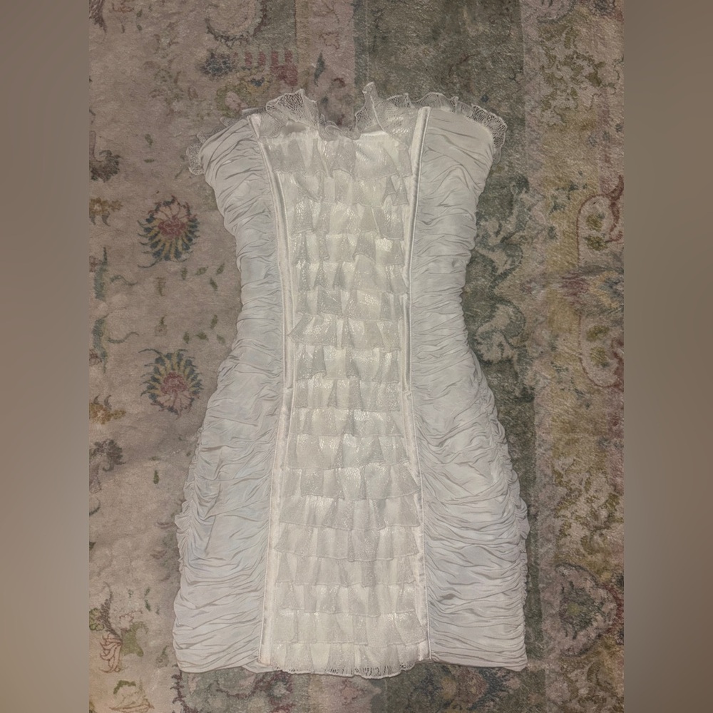 Bebe Lace Ruffle Mini Strapless Cream/ White Dress